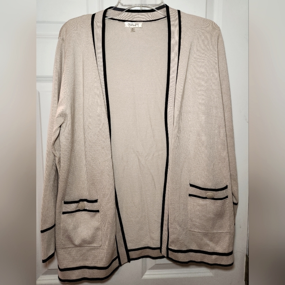 Essentials‎ By Milano Womens Size M Tan Black Trim Cardigan Button Accent Pocket
